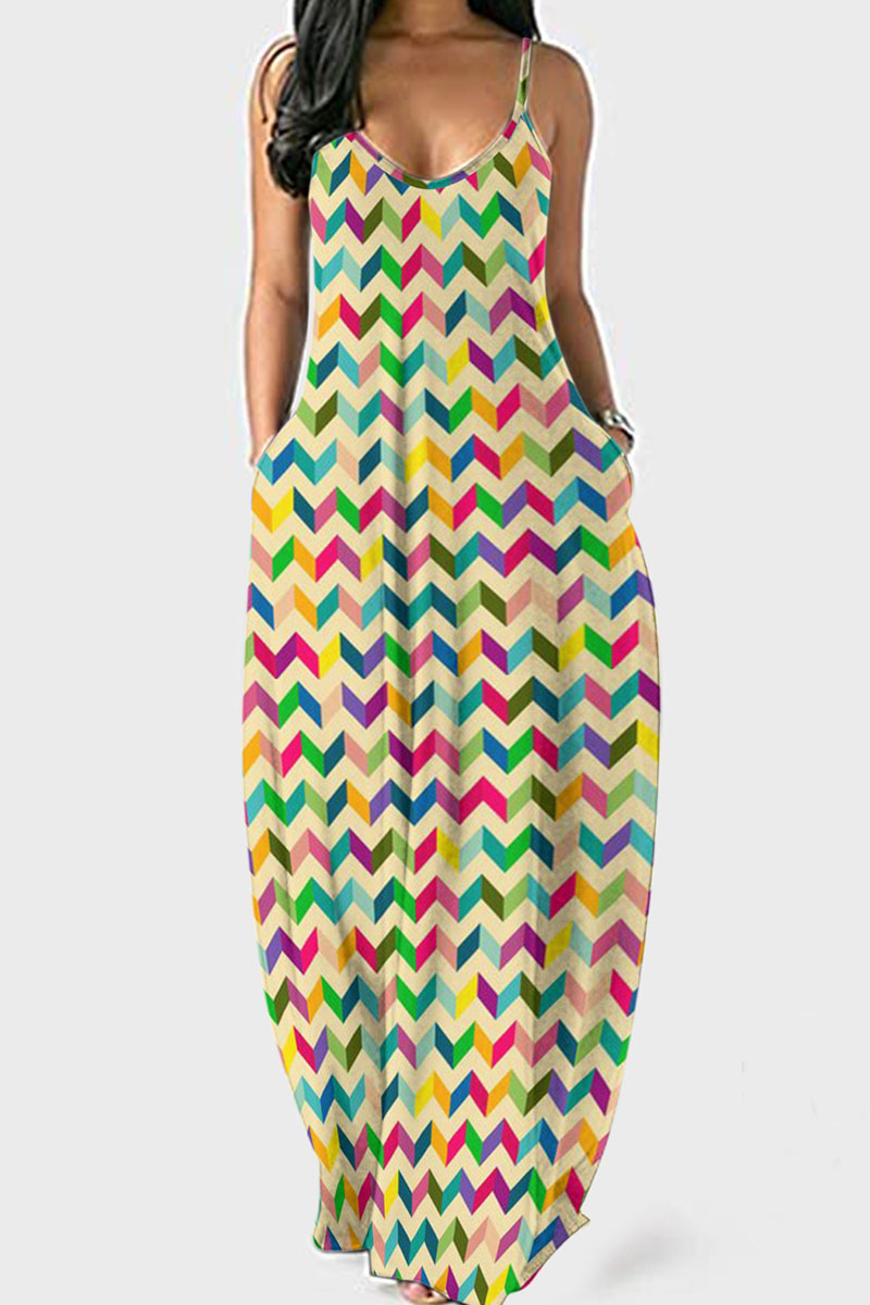 

Colour Casual Striped Print Patchwork Spaghetti Strap Sling Dress Dresses