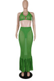 Green Sexy Solid Patchwork See-through Backless Halter Sleeveless Two Pieces