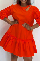 Tangerine Red Casual Solid Flounce O Neck Cake Jupe Robes