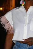 Pink Casual Solid Patchwork Buckle Feathers Turndown Collar Tops