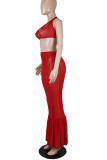 Red Sexy Solid Patchwork See-through Backless Halter Sleeveless Two Pieces