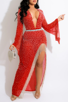Rode sexy patchwork kwast hete boor v-hals onregelmatige jurk jurken