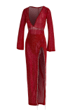 Vestido irregular rojo sexy con escote en V y borlas de retazos Vestidos