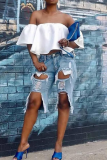 Blue Casual Solid Ripped Mid Waist Straight Denim Shorts