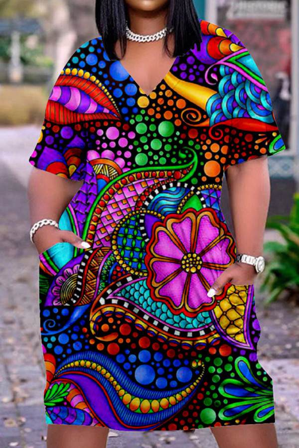 Färg Mode Casual Print Basic V-ringad kortärmad klänning