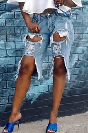 Blue Casual Solid Mid Waist Straight Distressed Jeans Shorts Ripped Denim Shorts