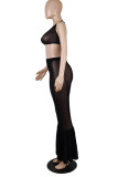 Black Sexy Solid Patchwork See-through Backless Halter Sleeveless Two Pieces