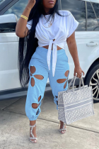 Blue Casual Solid Hollowed Out O Neck Short Sleeve Two Pieces Front Tie Crop Tops And Pants Sets