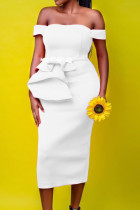 ホワイトセレブのエレガントなソリッドパッチワークオフショルダーワンステップスカートドレス