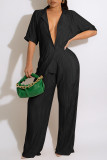 Bare Color Casual Solid Patchwork Buckle Turndown Collar Straight Jumpsuits