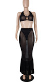 Black Sexy Solid Patchwork See-through Backless Halter Sleeveless Two Pieces
