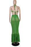 Green Sexy Solid Patchwork See-through Backless Halter Sleeveless Two Pieces