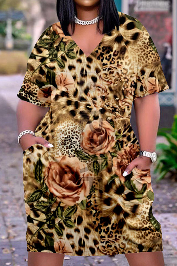 Модное повседневное платье цвета хаки с принтом, базовое платье с коротким рукавом и V-образным вырезом
