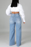 Mittelblaue, modische, lässige, solide Patchwork-Jeans mit hoher Taille und normaler Denim-Jeans