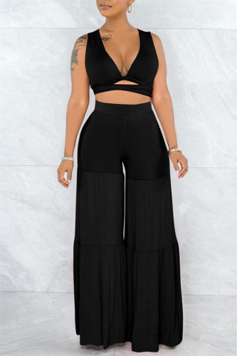 Black Fashion Casual Solid Hollowed Out Patchwork Backless V Neck Sleeveless Two Pieces