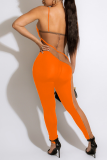 Tangerine Red Sexy Solid Mesh Spaghetti Band Jumpsuits