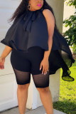 Black Plus Size Fashion Solid With Bow V Neck Plus Size Tops