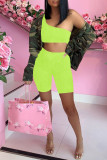 Fluoreszierendes Grün Sexy Lässige Kleidung Solide Rückenfrei Eine Schulter Ärmellos Zweiteilig