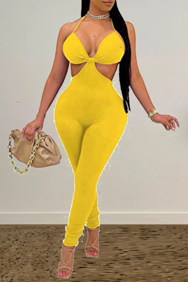 Yellow Sexy Solid Patchwork Halter Skinny Jumpsuits