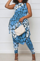 Blue Casual Print Bandage Patchwork Asymmetrical O Neck Plus Size Two Pieces