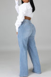 Medium blauwe mode casual effen patchwork hoge taille regular denim jeans