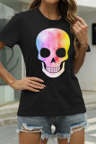 Zwarte mode casual schedel hoofd print basic O-hals T-shirts