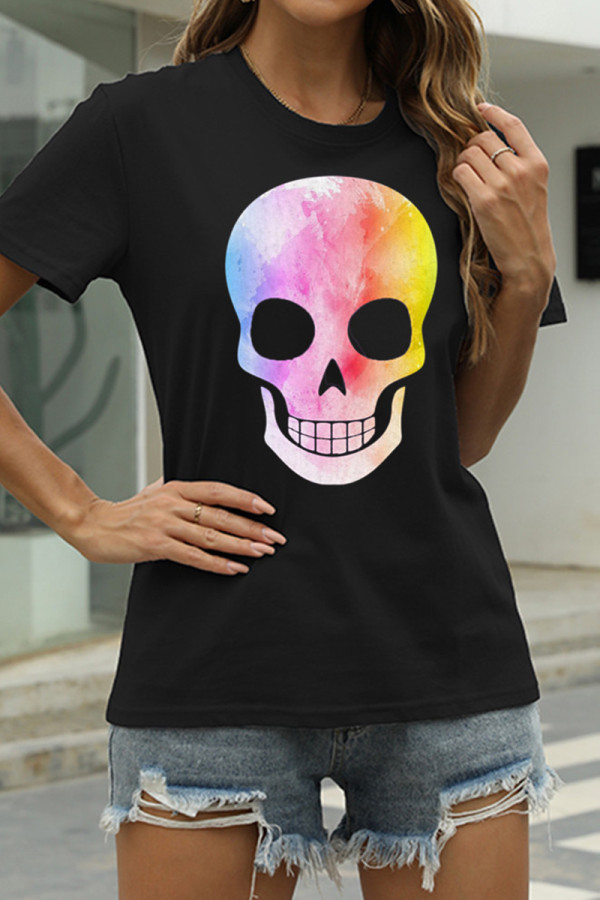 Schwarze Art und Weise beiläufiger Schädel-Kopf-Druck-grundlegende O-Hals-T-Shirts