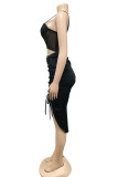 Zwarte sexy effen bandage uitgeholde patchwork trekkoord doorzichtige rugloze mouwloze jurk met spaghettibandjes