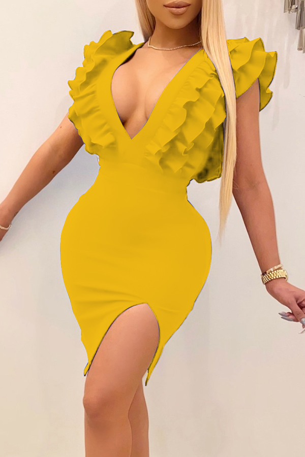 黄色のセクシーなソリッドフラウンスVネックペンシルスカートドレス