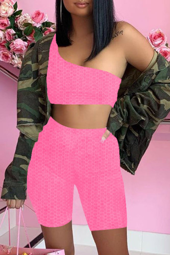 Pink Sexy Casual Solid Backless One Shoulder Sleeveless Two Pieces