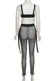 Black Fashion Sexy Solid Patchwork See-through Backless Spaghetti Strap Sleeveless Two Pieces