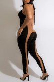 Macacão skinny preto fashion sexy patchwork atadura transparente sem costas