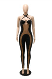 Black Fashion Sexy Patchwork Bandage See-through Backless Halter Skinny Jumpsuits