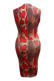 Red Fashion Sexy Plus Size Print Basic Half A Turtleneck Sleeveless Dress