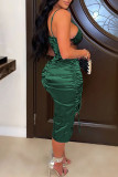 Ink Green Sexy Solid Bandage Hollowed Out Patchwork Draw String See-through Backless Spaghetti Strap Sleeveless Dress