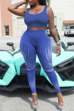 Синяя модная повседневная спортивная одежда с принтом, жилеты, брюки с U-образным вырезом, без рукавов, из двух частей