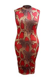 Röd Mode Sexig Plus Size Print Basic Half A Turtleneck ärmlös klänning