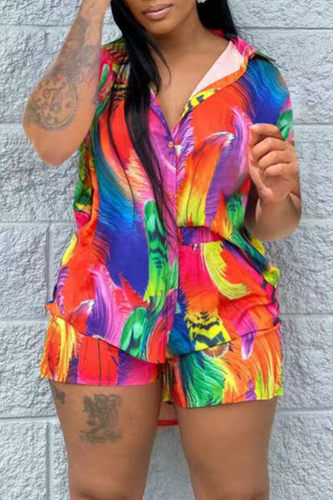 Colour Fashion Casual Print Split Joint Turndown Collar Short Sleeve Two Pieces