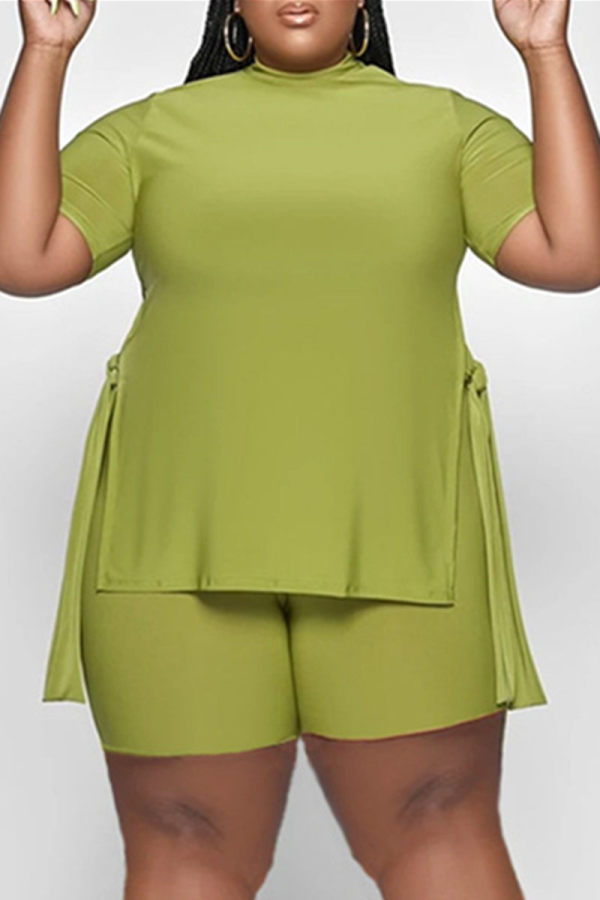Verde Moda Casual Sólida Com Decote O Decote Plus Size Duas Peças