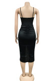 Ink Green Sexy Solid Bandage Hollowed Out Patchwork Draw String See-through Backless Spaghetti Strap Sleeveless Dress