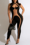 Macacão skinny preto fashion sexy patchwork atadura transparente sem costas