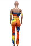 Oranje Geel Mode Sexy Casual Print Tie Dye Backless Slit Strapless Mouwloos Twee Stukken