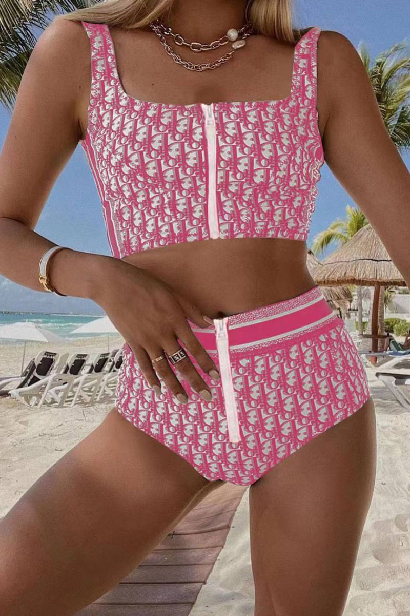 

Pink Fashion Sportswear Print Zipper Swimwears