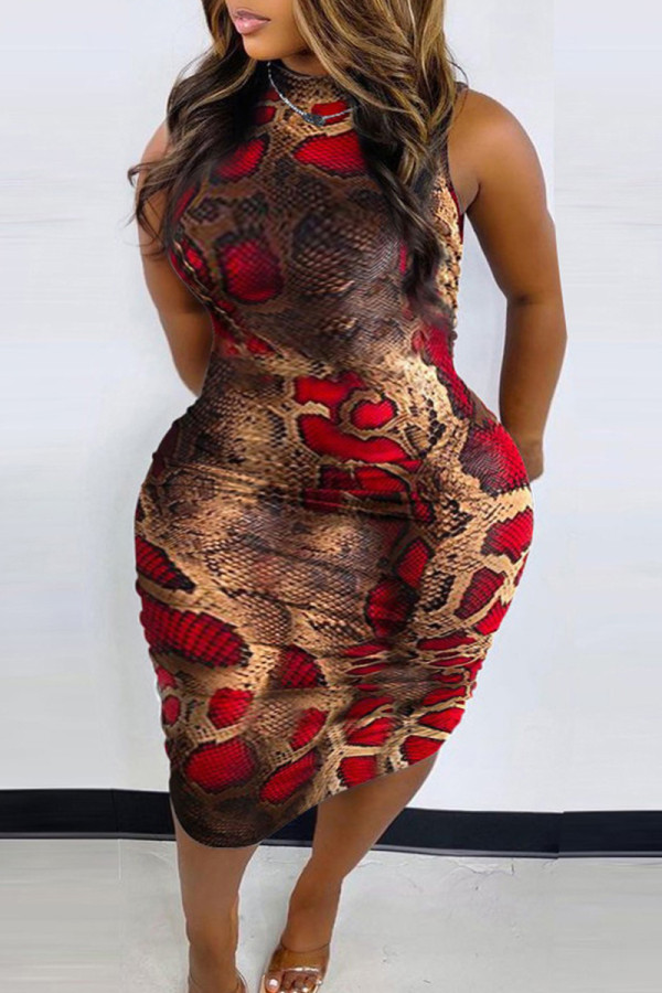 Красное модное сексуальное платье больших размеров с принтом без рукавов