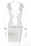 White Fashion Sexy Solid Hollowed Out See-through Spaghetti Strap Sleeveless Dress Dresses