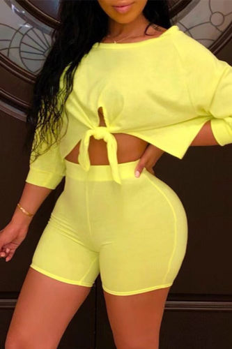 Yellow Fashion Casual Solid Bandage O Neck Half Sleeve Two Pieces