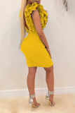 Yellow Sexy Solid Flounce V Neck Pencil Skirt Dresses