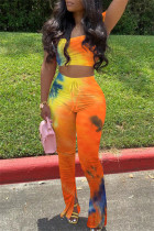 Amarelo laranja moda sexy casual estampa tie dye sem costas fenda sem alças sem mangas duas peças