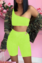 Fluoreszierendes Grün Sexy Lässige Kleidung Solide Rückenfrei Eine Schulter Ärmellos Zweiteilig