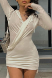 ホワイトセクシーソリッドホローアウトフード付きカラーペンシルスカートドレス